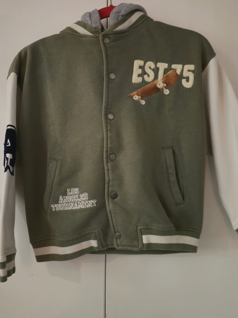 Zara Olive Green and White Varsity Jacket with Skate Patch
